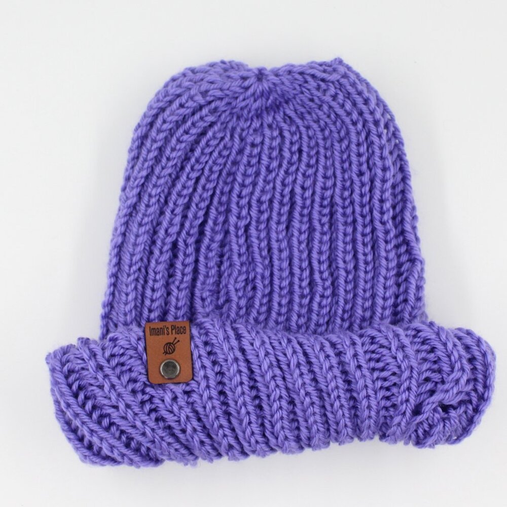 Handmade Hand Knit Light Grape Purple Acrylic English Ribed Knit Beanie Hat